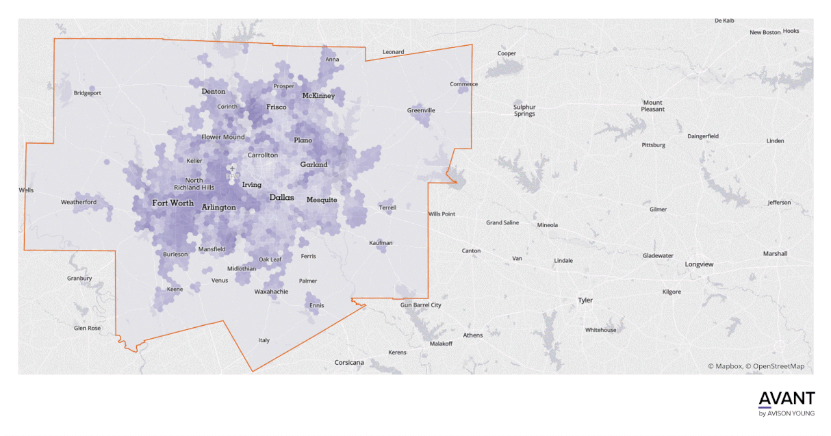 graph of opportunistic sites for dentistry in the Dallas Fort Worth, Texas area filtered by unmet demand and greatest potential